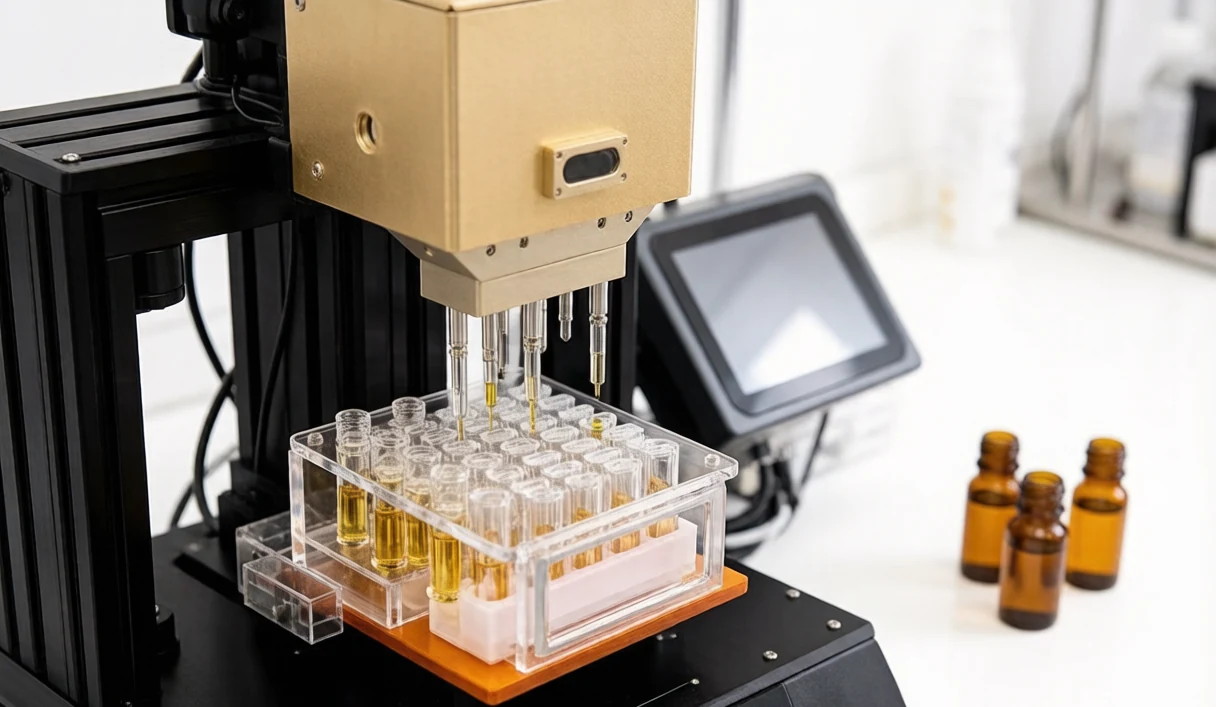 Close-up of a fully automatic vape cartridge filling machine filling clear glass cartridges with golden cannabis oil