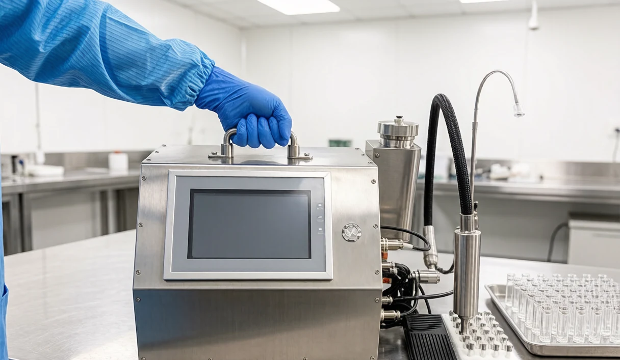 Semi-automatic vape cartridge filling machine on a stainless steel workbench operated by gloved hands