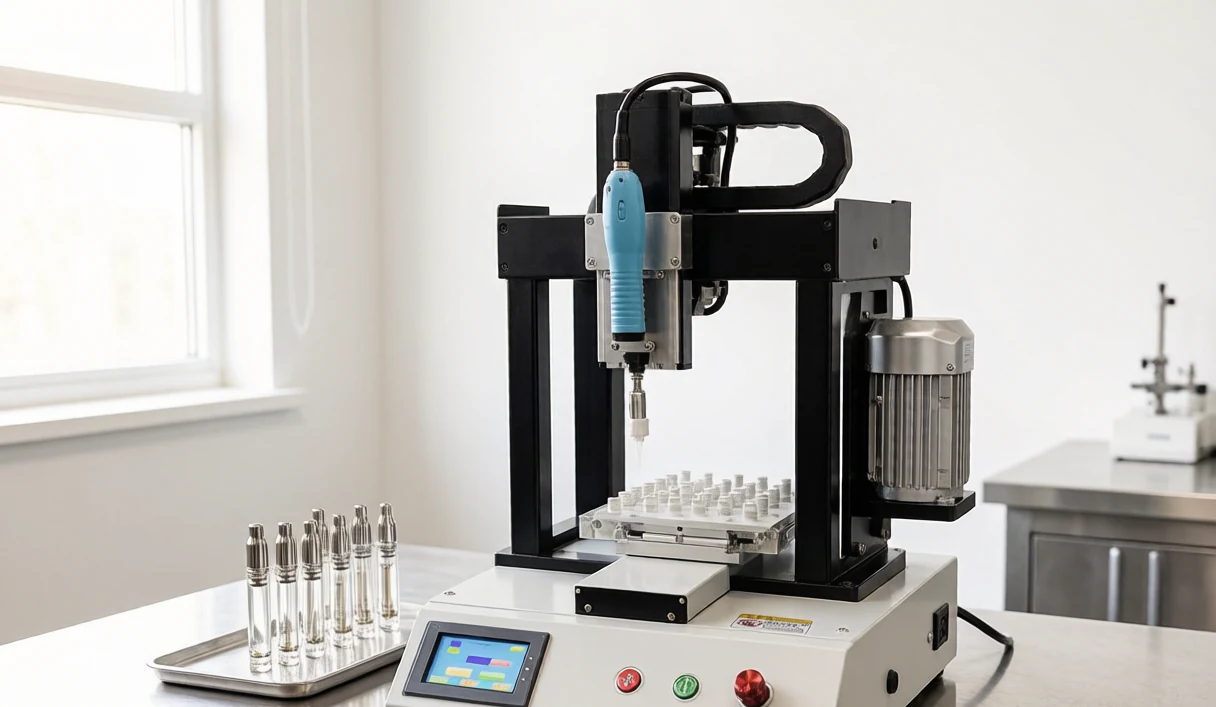 Cartridge capping machine on a stainless steel industrial workbench with clear glass cartridges