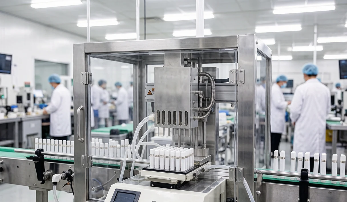 Disposable vape pen filling machine on a factory production line with conveyor cartridge holders