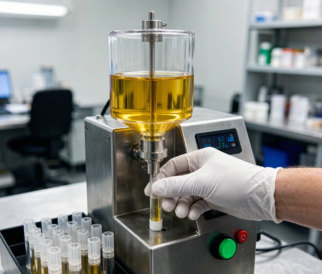 Semi-automatic cannabis oil filling machine with clear acrylic reservoir and hand-operated filling nozzle in a production facility