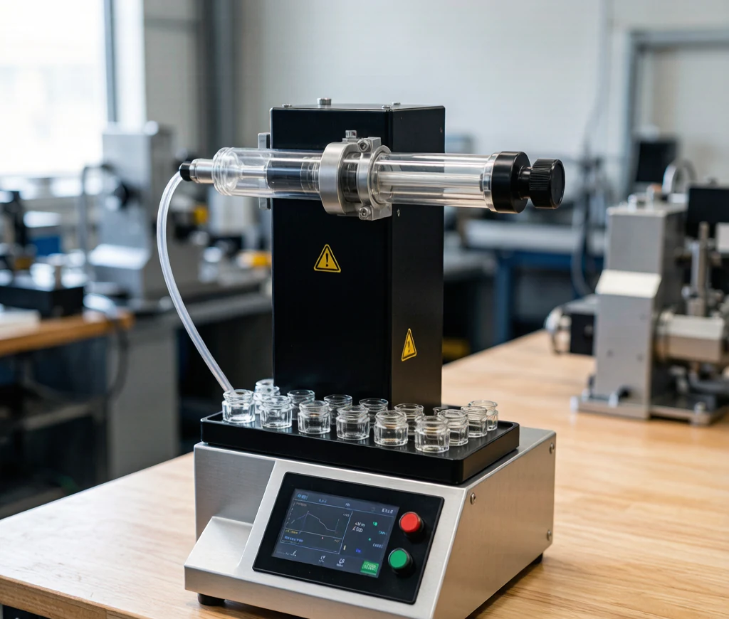Semi-automatic dab wax filling machine with horizontal syringe heating element filling glass dab containers