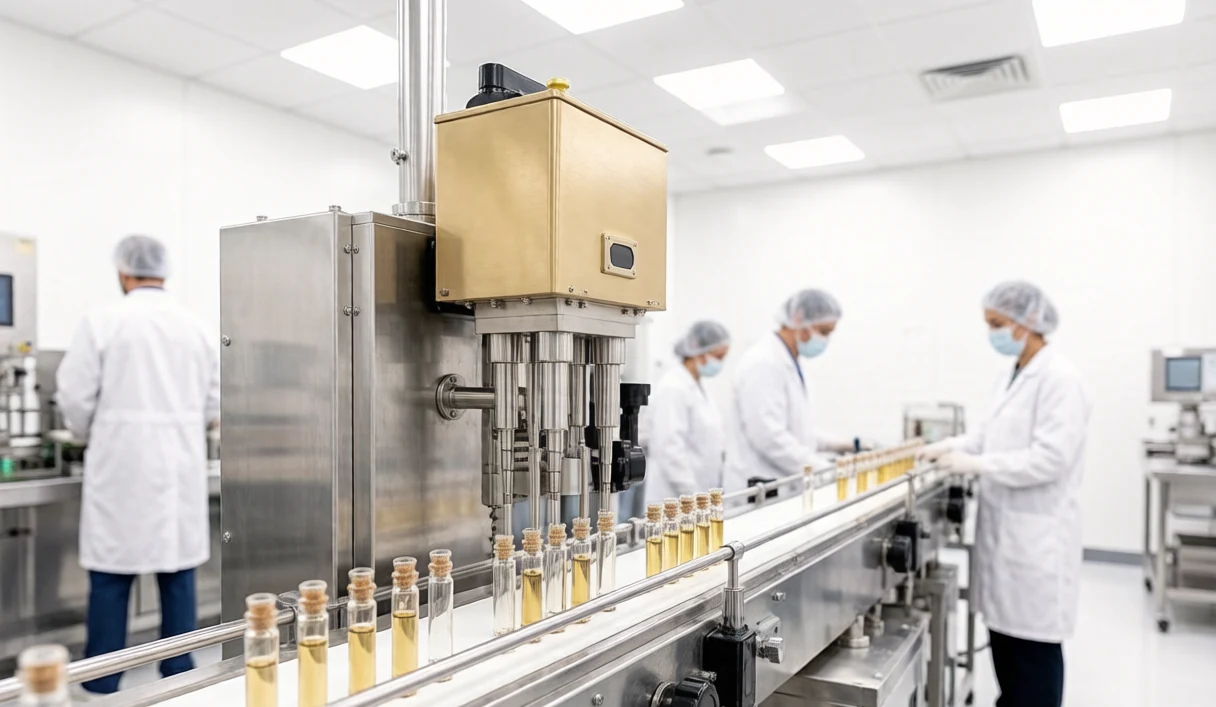 Fully automatic cannabis cartridge filling line with multiple filling nozzles along a conveyor in a cGMP production room