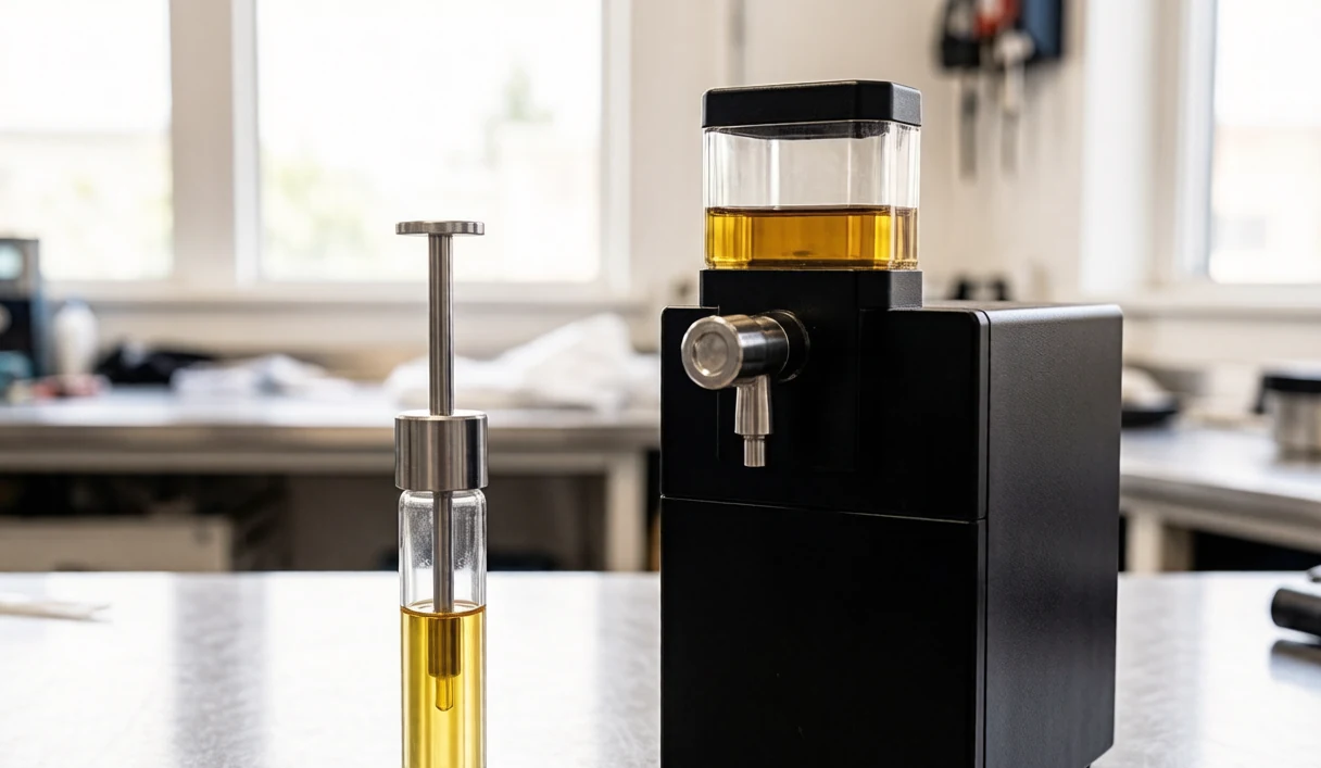 Side-by-side comparison of a handheld manual syringe and a compact benchtop semi-automatic cannabis oil filling machine