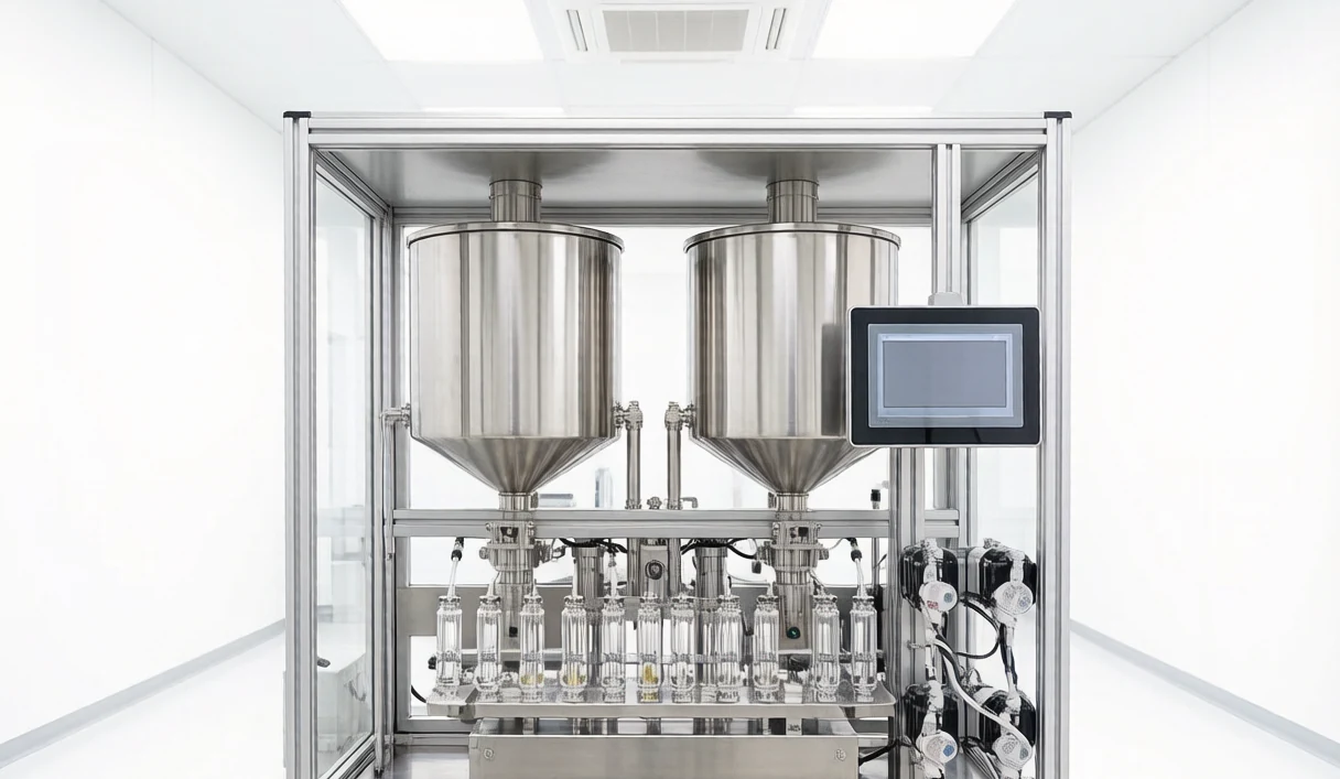 High-capacity fully automatic dual-flavor cannabis oil filling machine running a production batch with rotary indexing head