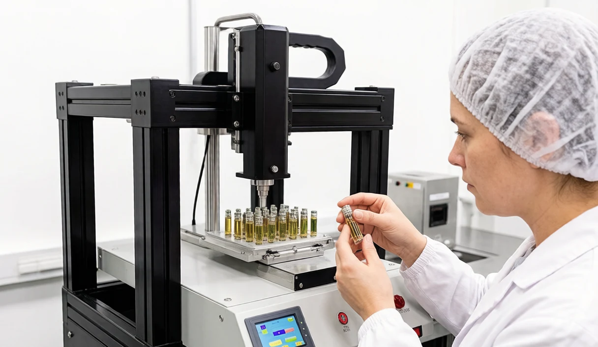 A worker inspecting freshly filled cannabis vape cartridges emerging from a fully automatic capping machine