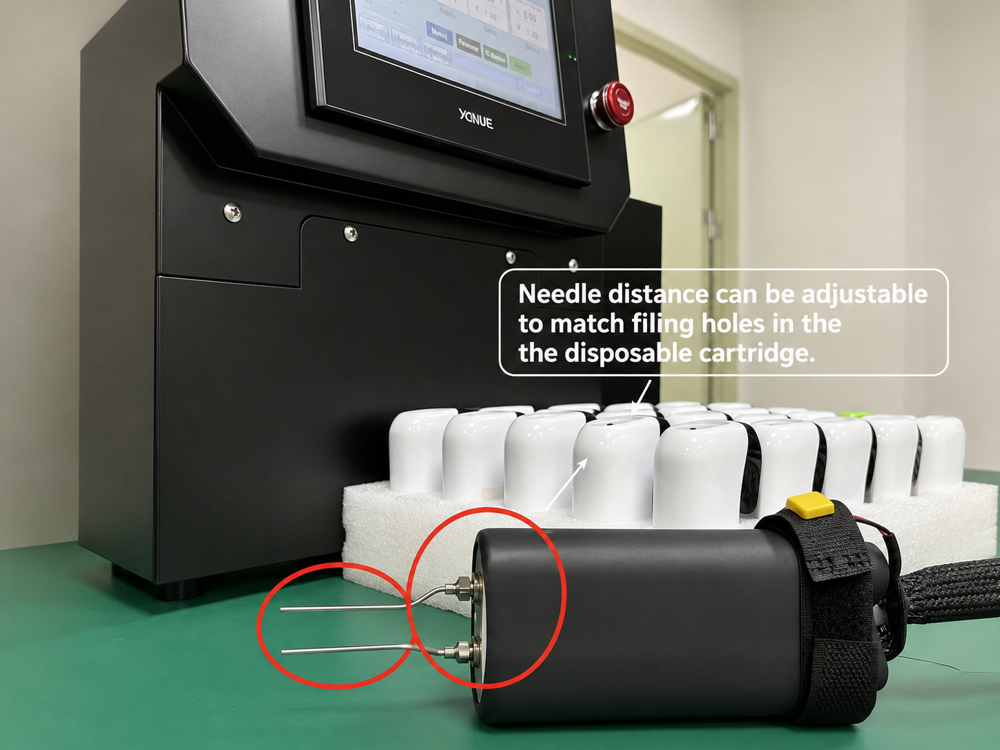 YC100 Adjustable Needle Spacing Adjustable needle spacing for different dual flavor cartridge filling holes